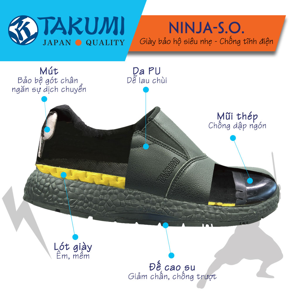 GIÀY BẢO HỘ TAKUMI NINJA S.O KHÔNG DÂY BUỘC MŨI THÉP CHỐNG VA ĐẬP ĐẾ CHỐNG DẦU CHỐNG TRƠN TRƯỢT CHỐNG TĨNH ĐIỆN