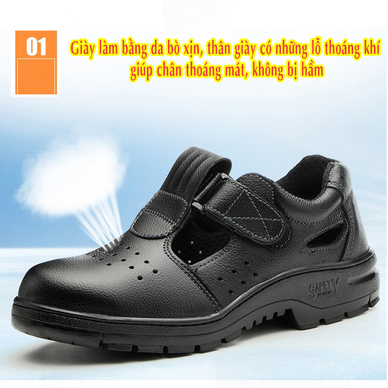 GIÀY BẢO HỘ THOÁNG KHÍ MŨI THÉP CHẤT LIỆU DA BÒ SỬ DỤNG MIẾNG QUAI DÁN VELCRO CHỐNG ĐẬP, CHỐNG ĐÂM XUYÊN & CHỐNG TRƯỢT (MÃ 918)