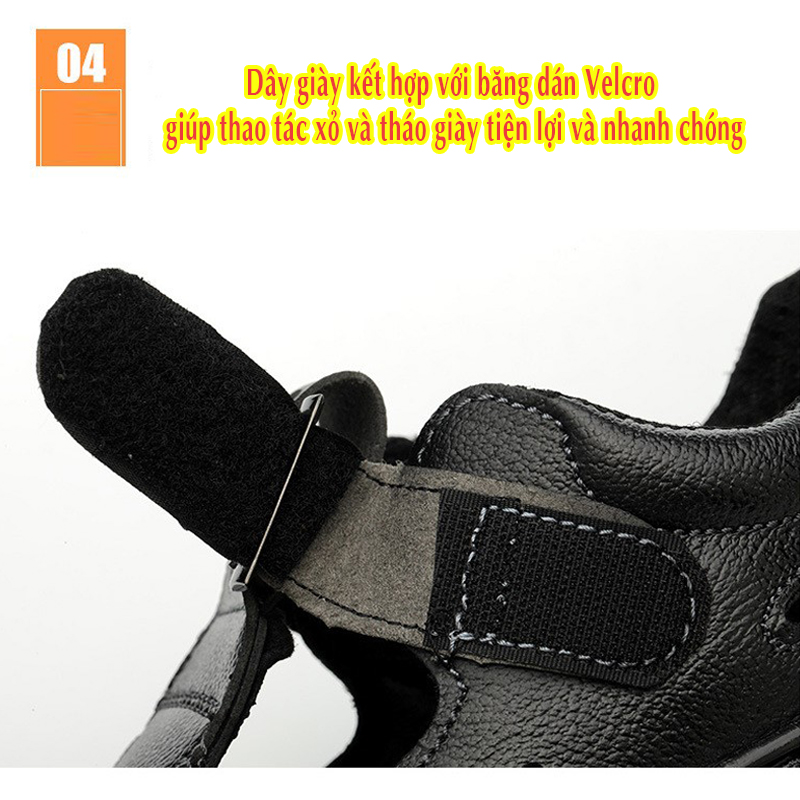 GIÀY BẢO HỘ THOÁNG KHÍ MŨI THÉP CHẤT LIỆU DA BÒ SỬ DỤNG MIẾNG QUAI DÁN VELCRO CHỐNG ĐẬP, CHỐNG ĐÂM XUYÊN & CHỐNG TRƯỢT (MÃ 918)